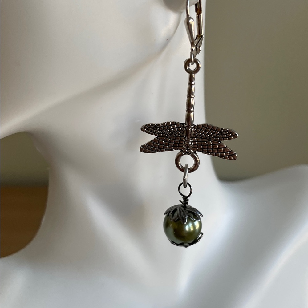 HAND CRAFTED GOTHIC DRAGONFLY & MOSS GREEN FAUX PEARL DANGLE EARRINGS
